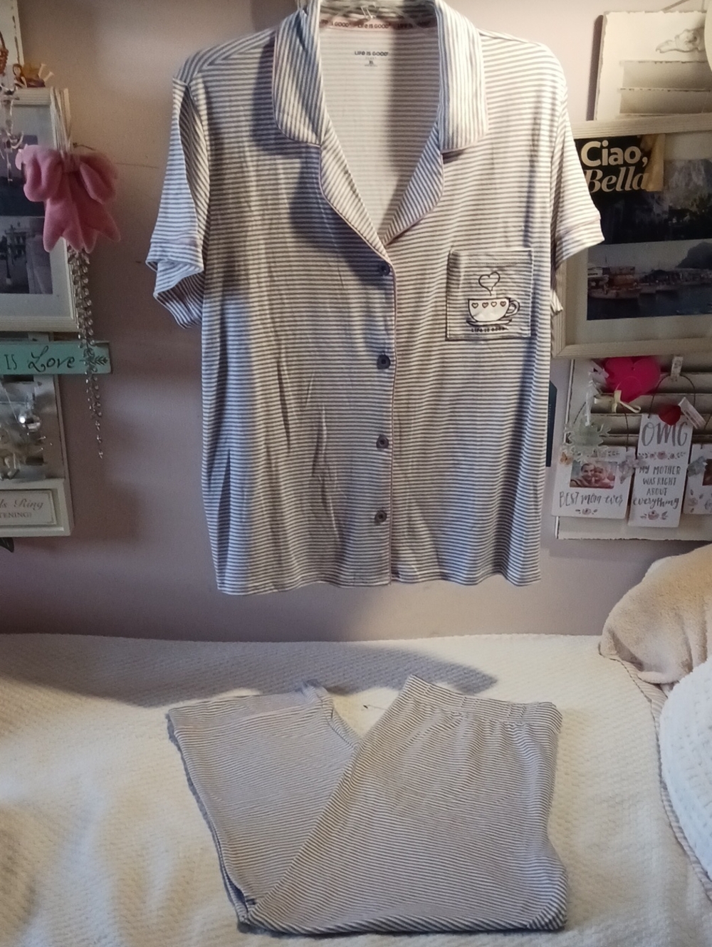 Life Is Good Women's Short Sleeve Striped Pajama Set - Light Gray & White XL